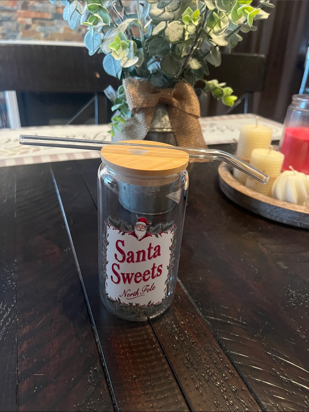 Santa Sweets Glass Cup with Bamboo Lid
